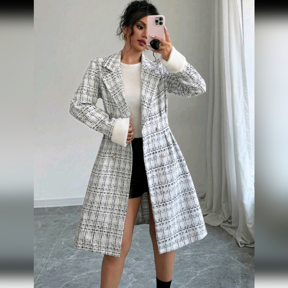 Women's Plaid Lapel Collar Long Sleeve Metal Double Breasted Elegant Woolen Jack